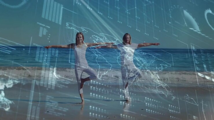 Upon overlay appearing, fitness training pair balancing on beach mirroring tree pose with charts