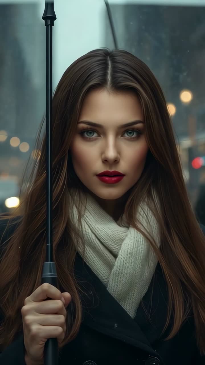Video verticale: donna che tiene un ombrello e alza lo sguardo su una strada bagnata della città con una sciarpa, mentre cade la pioggia