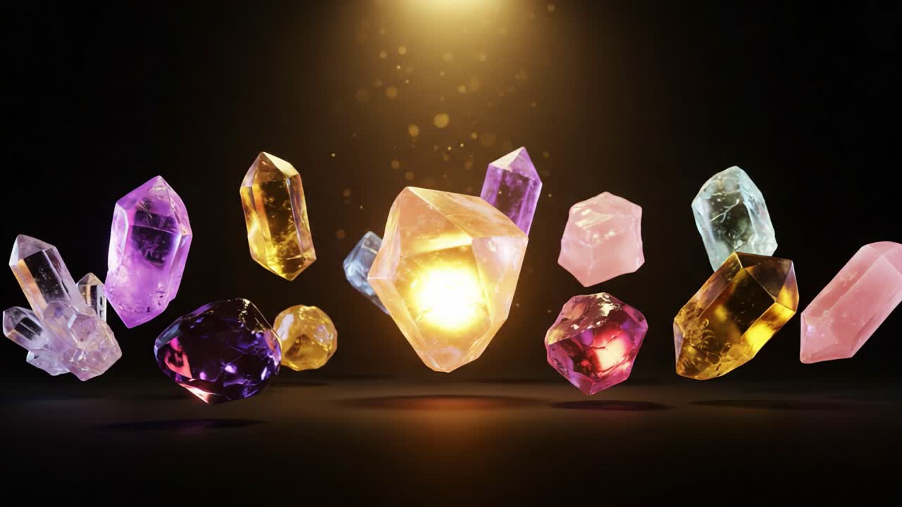 A Stunning Display of Colorful Crystals Illuminated by a Golden Light Creating a Magical Atmosphere, Showcasing Various Shapes and Sizes Reflecting Unique Beauty