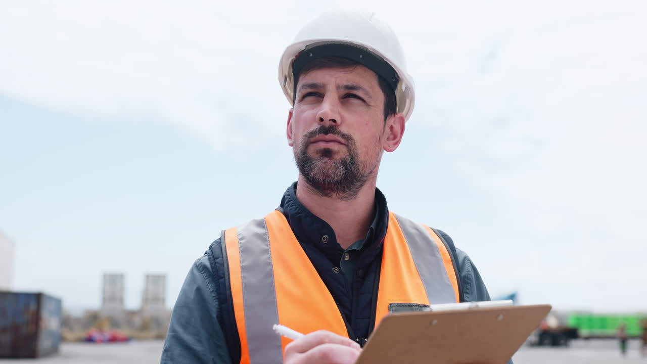 Professional Engineer in Hard Hat Writing on Clipboard at Industrial Site
