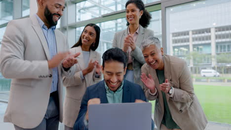 Winning,-applause-and-man-with-laptop