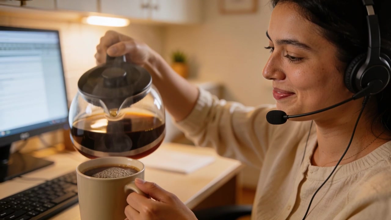 Donna con cuffie che si allunga per prendere una caraffa di vetro, versando caffè caldo e riempiendo la tazza nel suo ufficio domestico