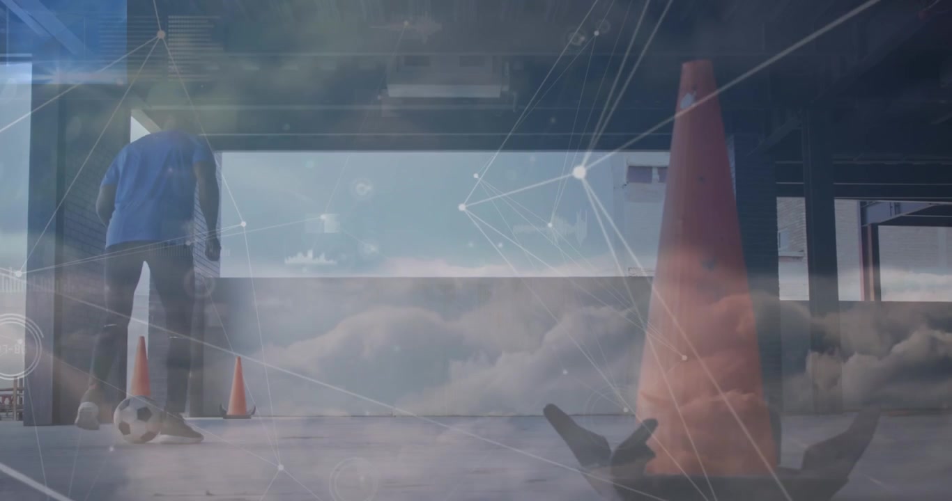 Animation of network of connections over african american man with soccer ball and clouds