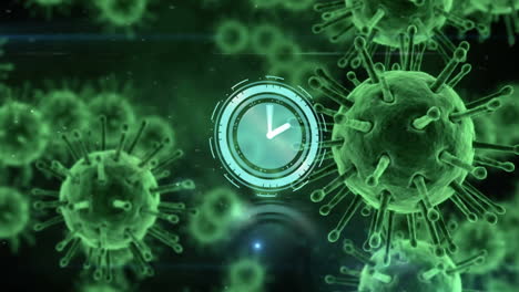 animación del reloj y el escaneo de alcance sobre las células verdes de covid-19