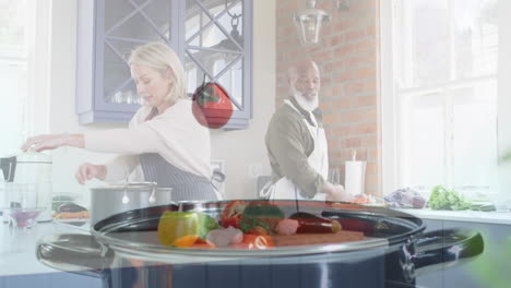 animación de una pareja diversa cocinando en la cocina sobre tomates en olla