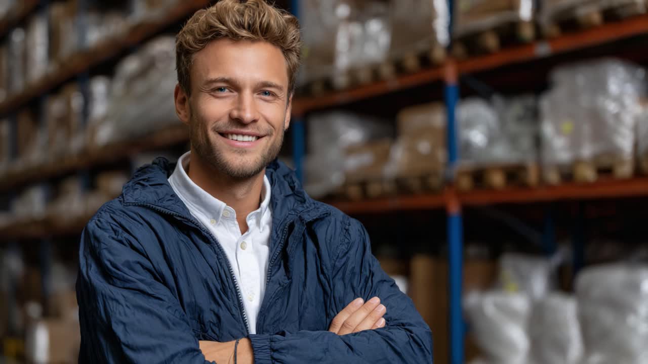 Un uomo sorridente e sicuro di sé in un magazzino, che indossa abiti professionali e mostra un atteggiamento amichevole sullo sfondo di scaffali di prodotti