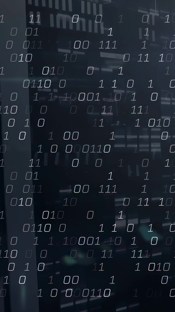 Vertical video: Data stream driving binary overlay across glass rack in data center showing load