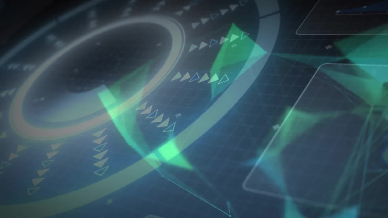 어두운 인터페이스 화면에 빛나는 네트워크 및 원형 스캐너 처리 데이터의 애니메이션