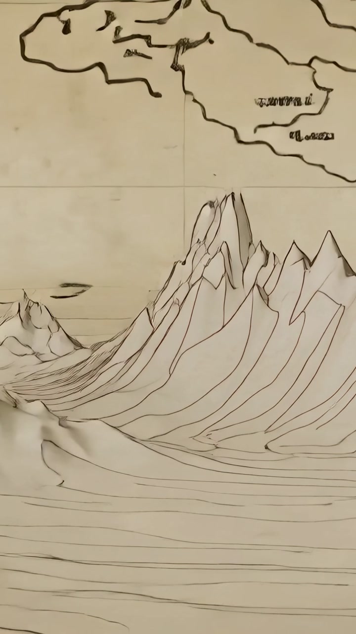 Vertical video: Camera panning right over stylized 3D terrain on aged paper, revealing ink contours