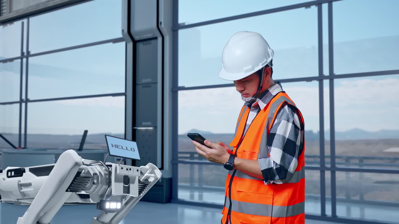 Engineer interacts with a robot in a modern industrial facility.