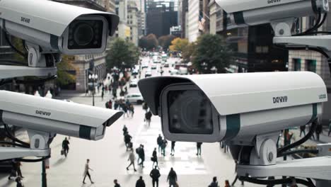 surveillance cameras overlooking a bustling city street, capturing daily life and activity in a modern urban environment