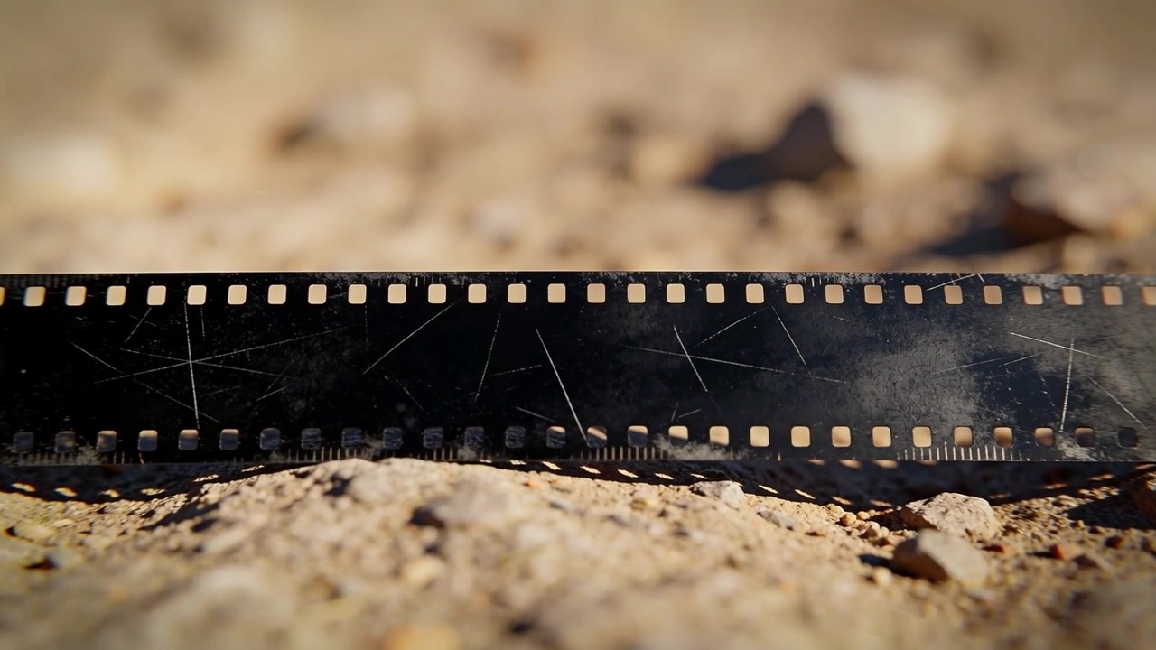 Ein ruhender schwarzer Filmstreifen mit Kratzern und Perforationslöchern auf sonnenbeschienenem Sand, eine Brise wirbelt Dunst auf.