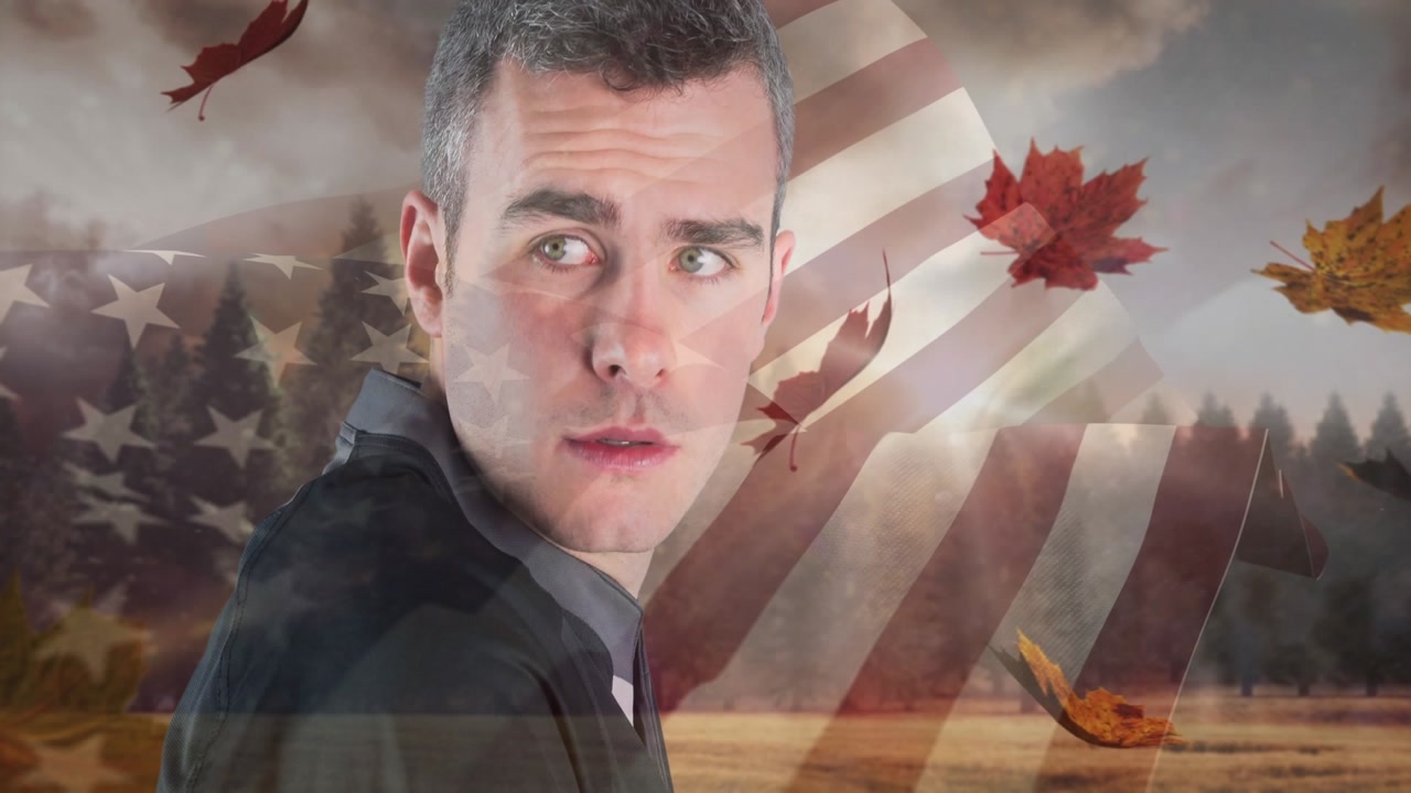 Animation of flag of usa and autumn leaves over caucasian man