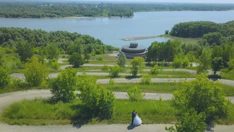 newly wedded couple in park against large river aerial view