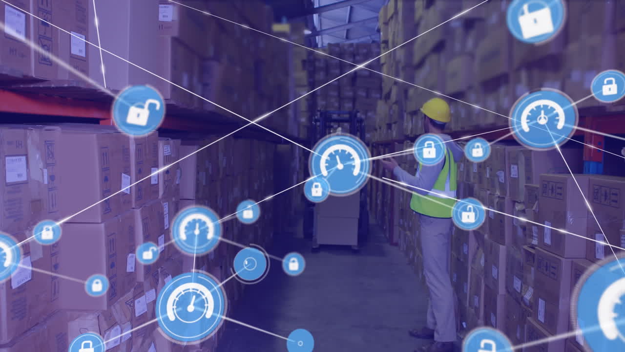 창고에서 일하는 백인 남성 노동자에 대한 디지털 아이콘 네트워크