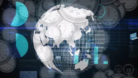 Animation-of-statistics,-globe-spinning-and-stopwatches