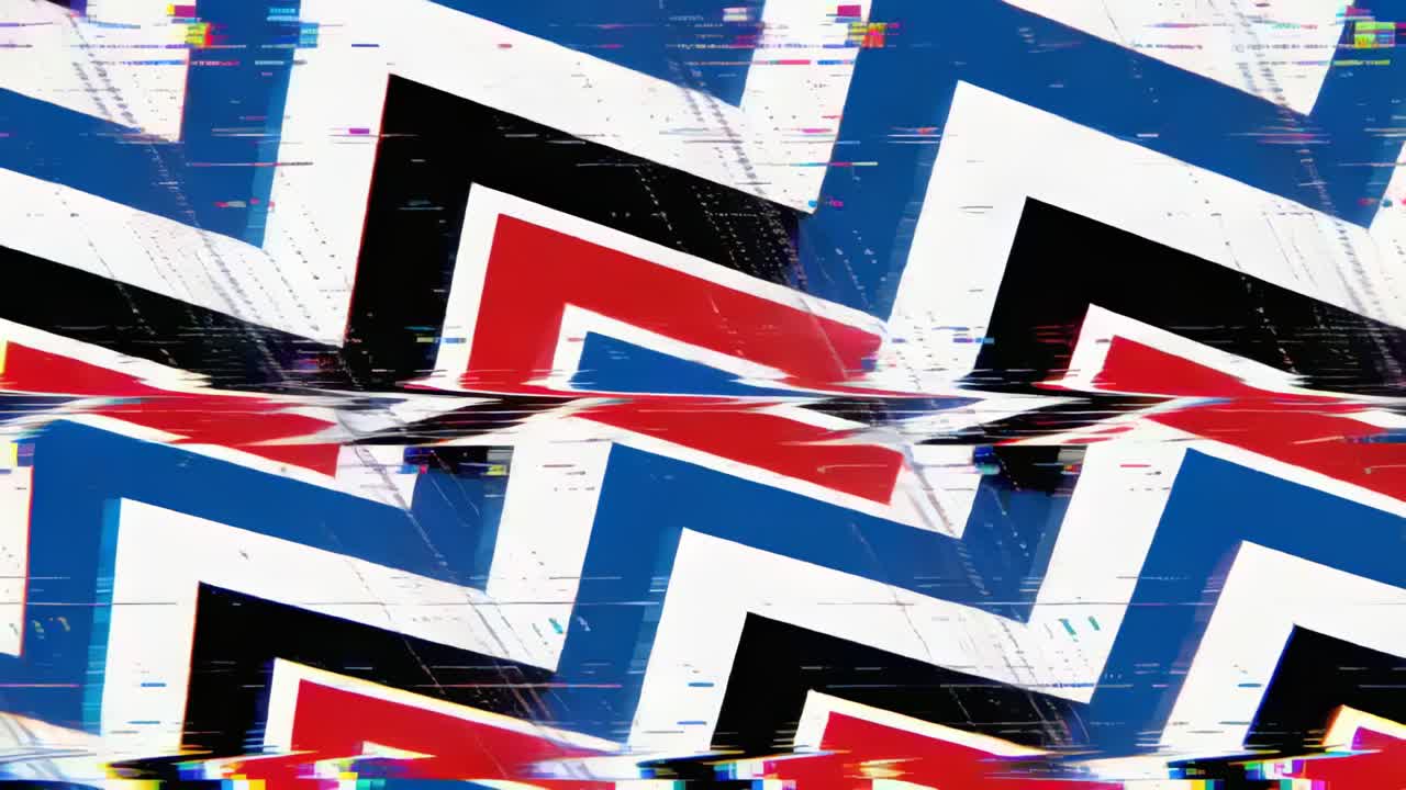 Chevron rosso-blu-nero-bianco che si sposta, reagendo a una banda di glitch che scorre, deformandosi e ritirandosi sullo schermo.