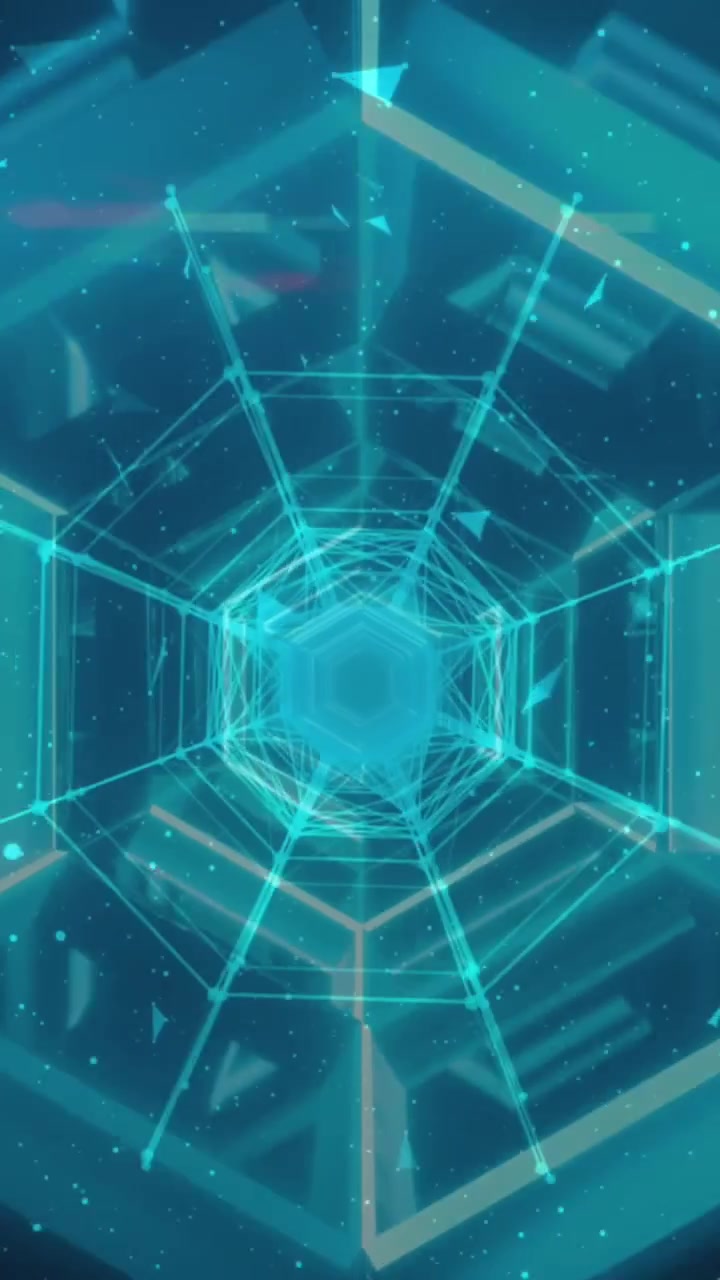 Animation of dots and connections over moving hexagon tunnel made of neon lights