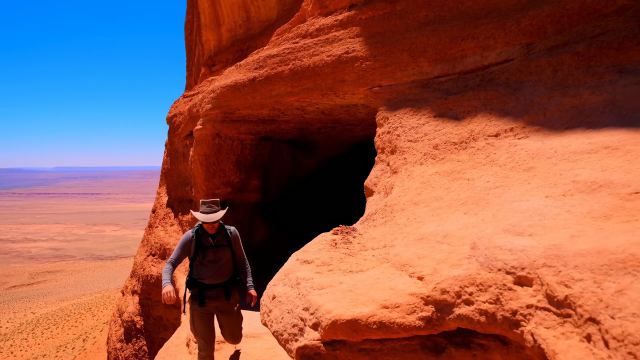 Hiker Exploring Red Rock Cave Near Canyon Rim, Wearing Widebrim Hat And Backpack, Stepping From Dark Sandstone