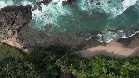 Tropical-Beach-With-Turquoise-Sea-And-Lush-Vegetation-In-Sri-Lanka---aerial-top-down