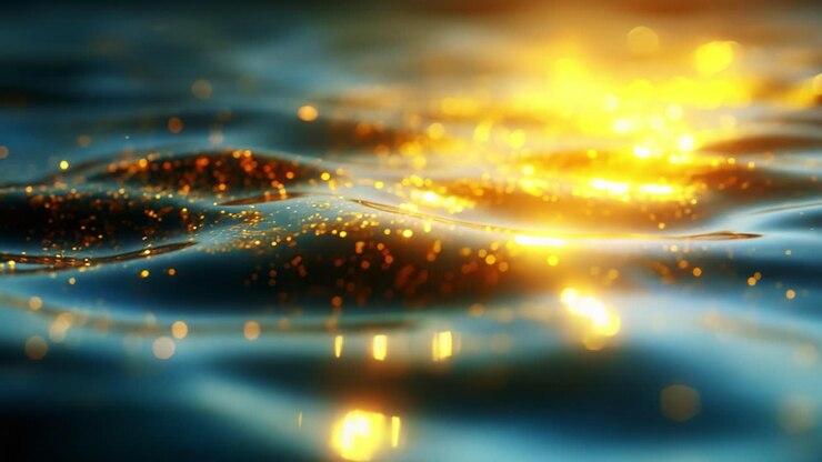 Acque scintillanti: una rappresentazione affascinante di luce dorata e brillante che danza sulle dolci onde dell'oceano, illuminando la serena superficie con riflessi magici e un caldo splendore