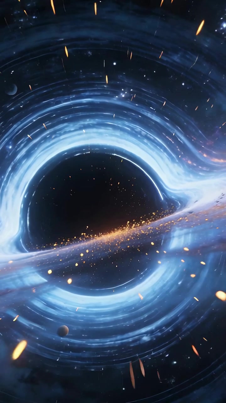 Vertical video: Black hole with blue disk drawing sparks inward in space as disk brightens