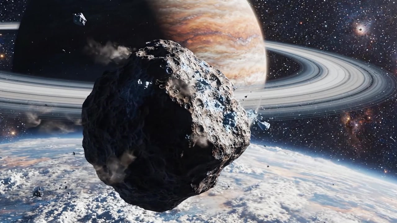 Una scena cosmica mozzafiato con un asteroide roccioso circondato dai magnifici anelli di Saturno e dal maestoso pianeta Giove in un vasto paesaggio galattico.