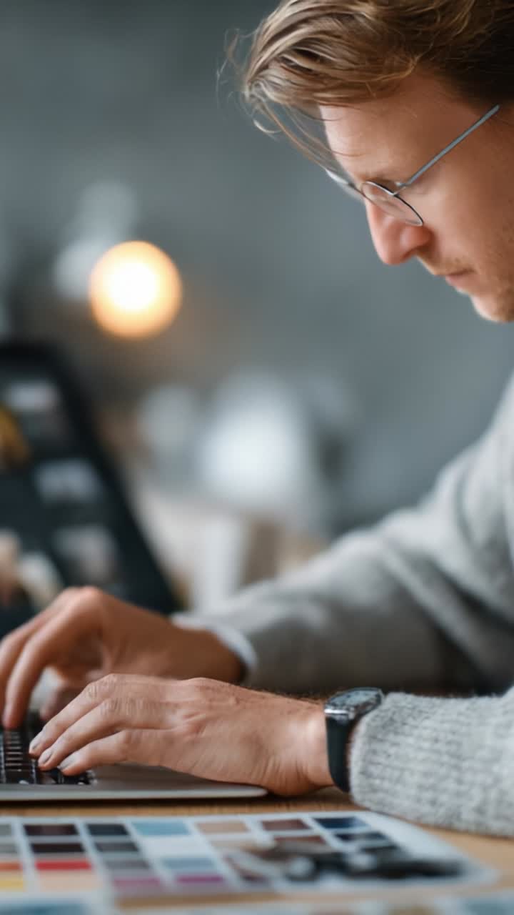 Focused Individual Engaged in Creative Work, Analyzing Color Palettes While Typing on a Laptop in a Modern Workspace with Ambient Lighting