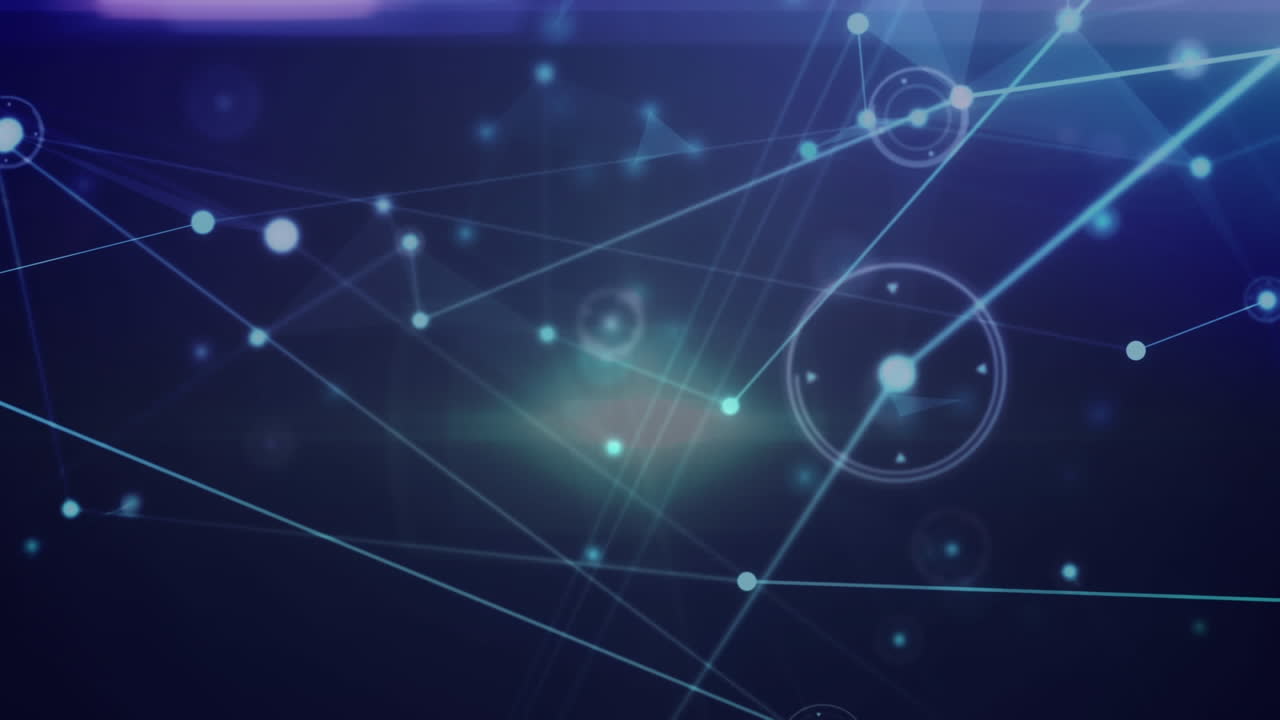 animación de una red brillante de conexiones sobre un punto de luz contra un fondo azul