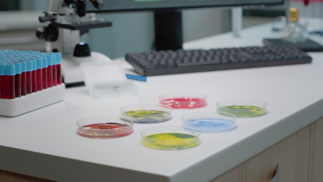 Laboratory setup with Petri dishes and blood tubes