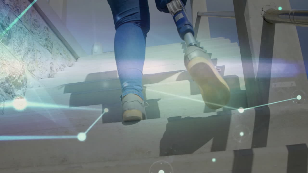 Person with prosthetic leg climbing stairs, digital network animation overlay
