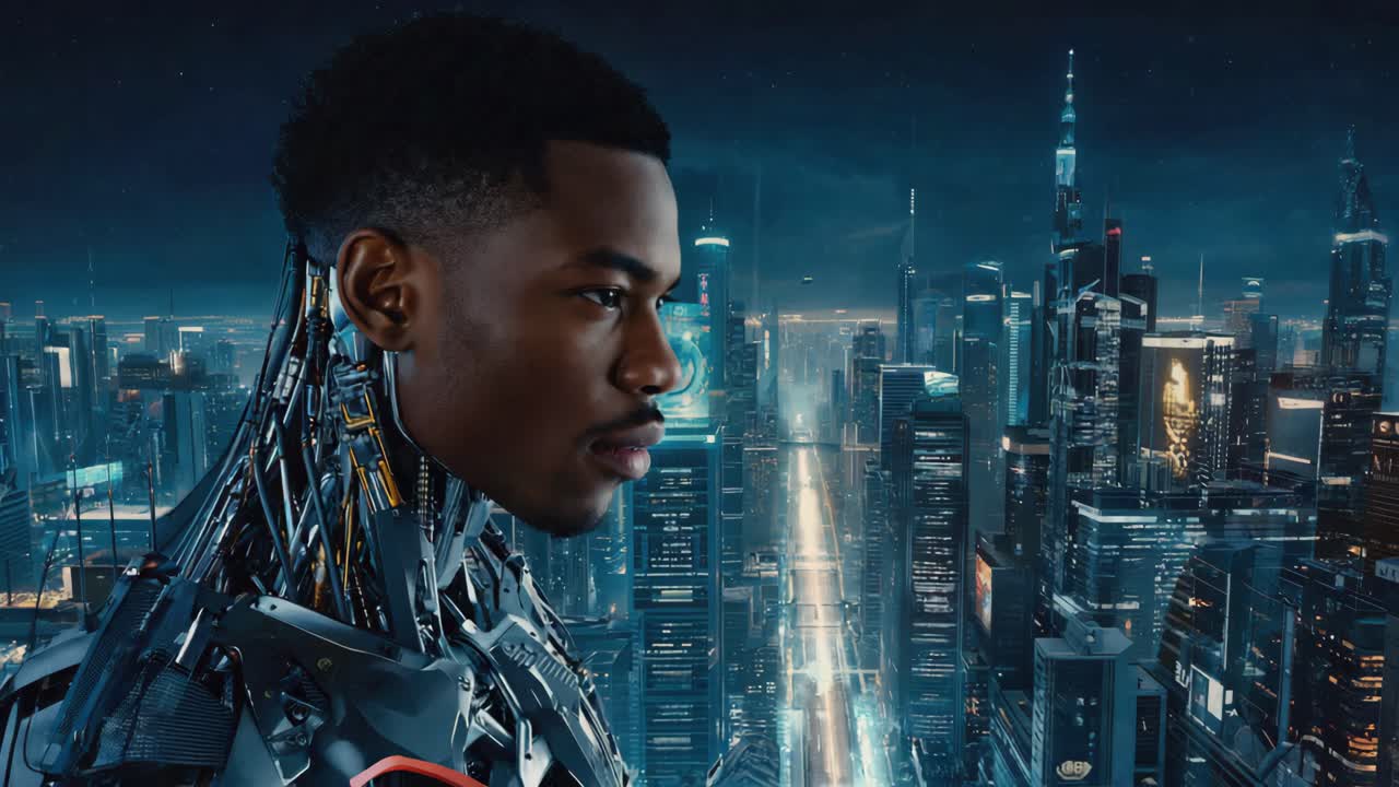 A Cyborg in a Futuristic Cityscape