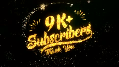 9k subscribers greeting and wishes card made from glitter particles and sparklers light dark night sky with colorful firework 4k background.