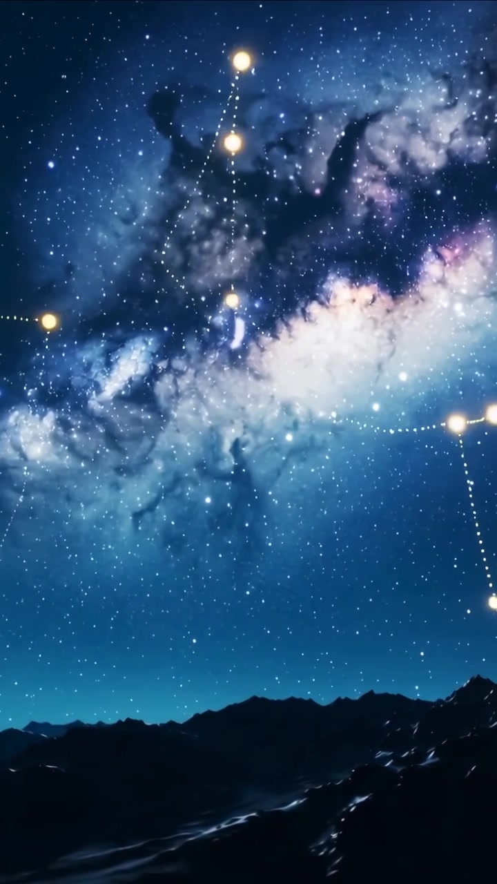 Video verticale: Via Lattea che si sposta e nodi luminosi che si muovono verso l'alto sopra le cime dopo l'inizio della sovrapposizione.