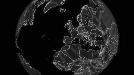 españa país alfa para la edición de datos tecnología de análisis globo giratorio, video cinematográfico muestra un globo digital giratorio, haciendo zoom en españa país alfa para la edición de plantilla