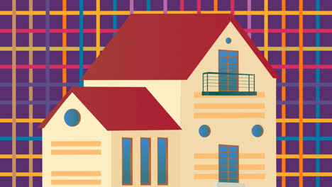 animation of illustration of family house on colourful grid background