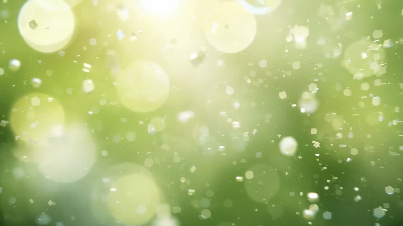陽光が差し込む緑のぼかしの中をボケのきらめきと共に漂う粒子の雲、微風が微細な粒子を舞い上がらせる。