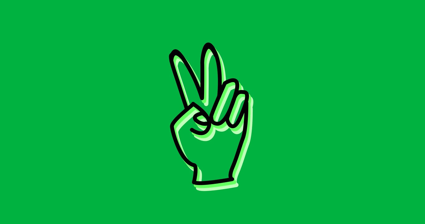 Mano animata che mostra il segno della pace su schermo verde