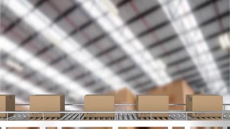 animation of cardboard boxes moving on conveyor belt over warehouse