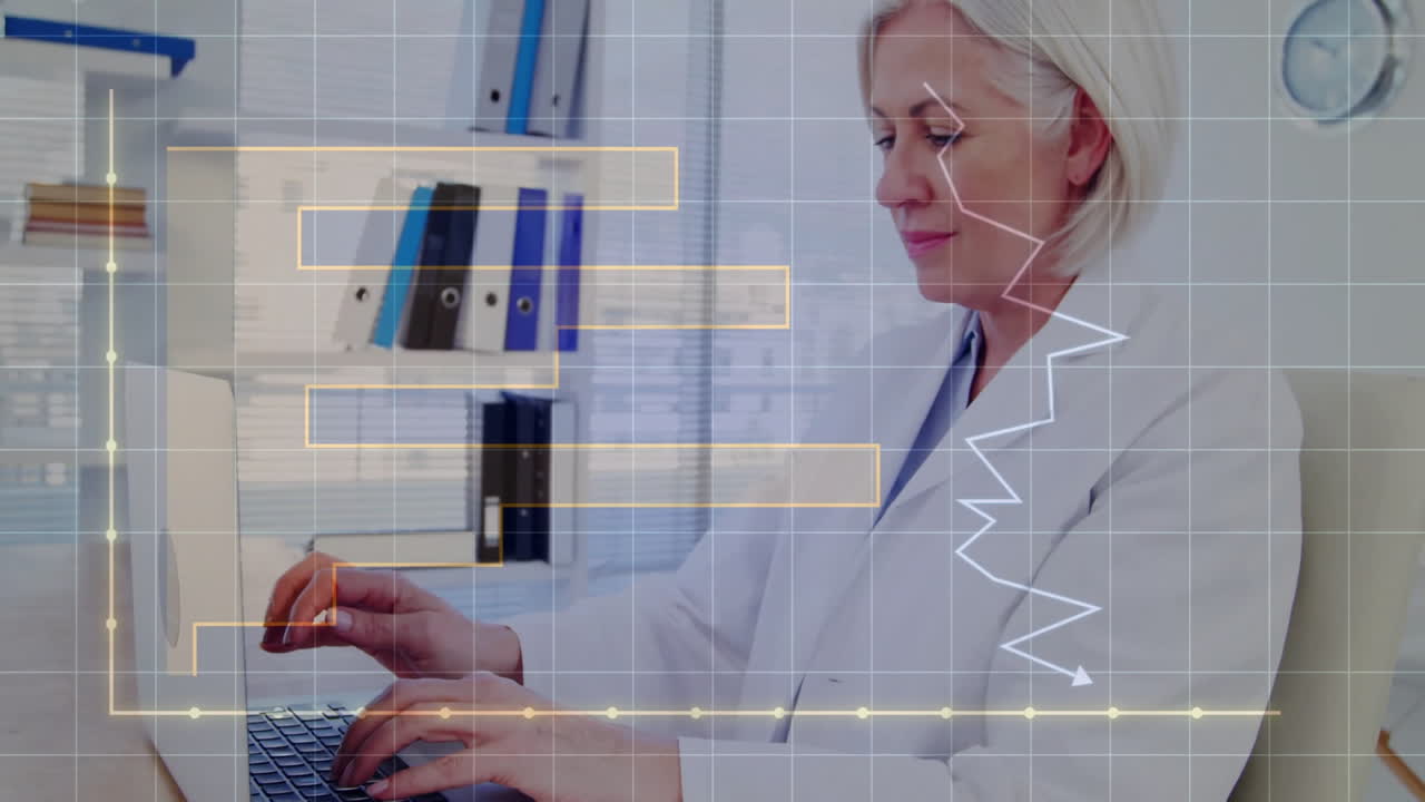 Typing on laptop, businesswoman analyzing financial graph animation in office setting