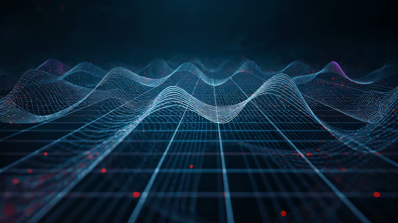 Camera moving forward causing wireframe ribbons advancing on grid, visualizing data with red nodes