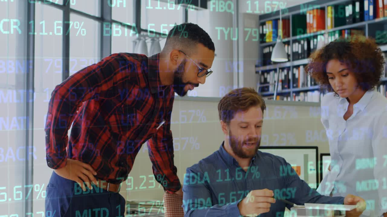 Animation of statistics processing over business people talking in office