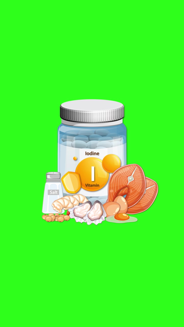 Iodine supplement bottle with salt, seafood, and eggs appears on vibrant green screen background