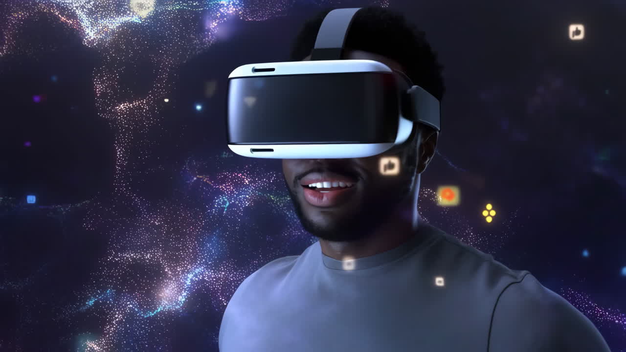 Man Experiencing Virtual Reality in a Digital Metaverse