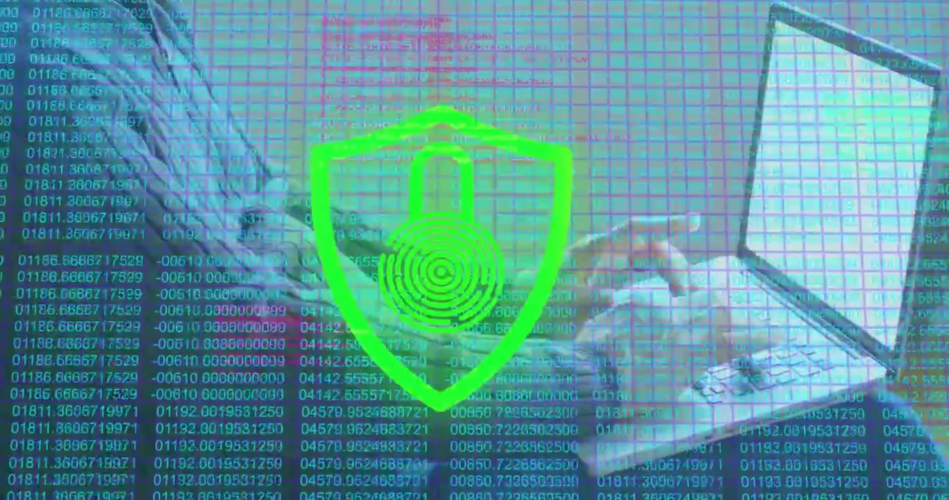 Office worker typing code on laptop causing security grid and pulsing shield verifying fingerprint