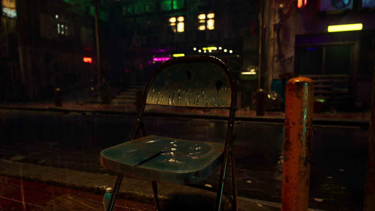 사이버크 도시의 비가 오는 밤에 접을 수 있는 의자