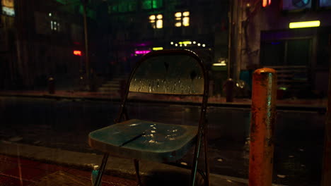 a folding chair on a rainy night in a cyberpunk city