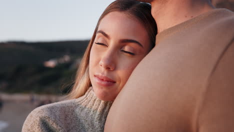beach, sunset and couple hug for love