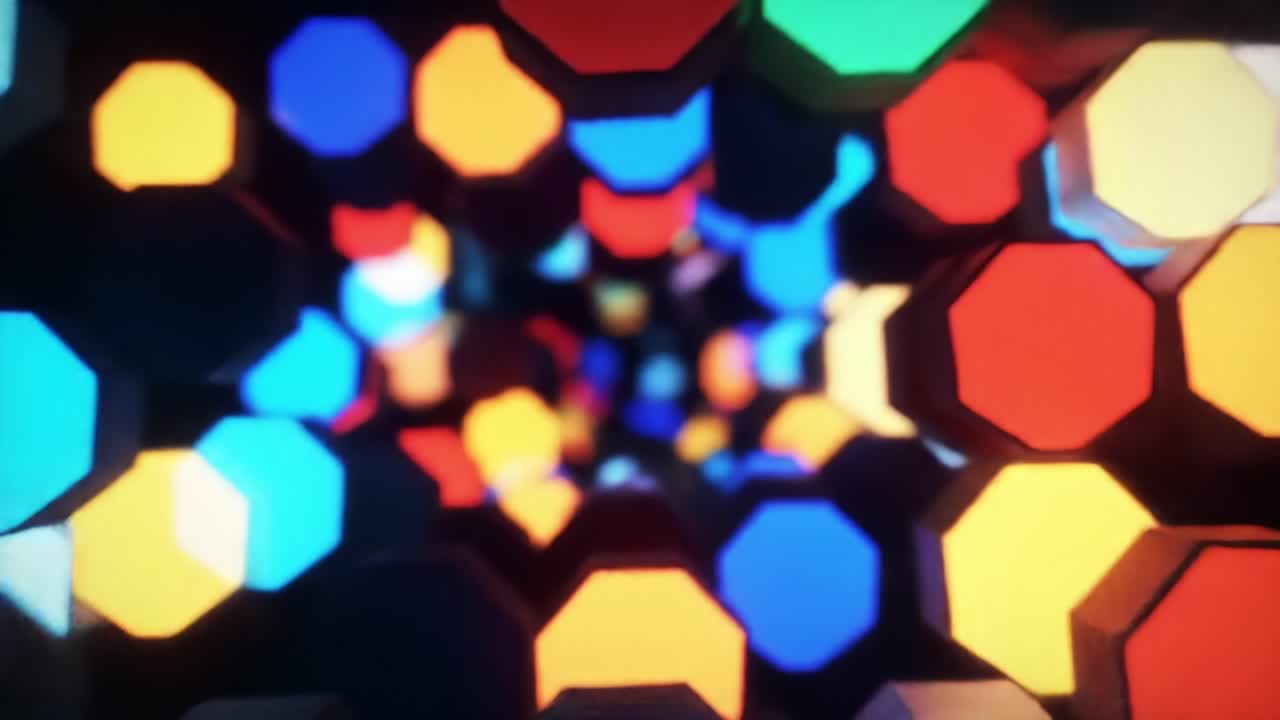 A Hypnotic Journey Through a Colorful Abstract Tunnel of Multicolored Hexagonal Shapes Filled with Vibrant Light and Dynamic Patterns