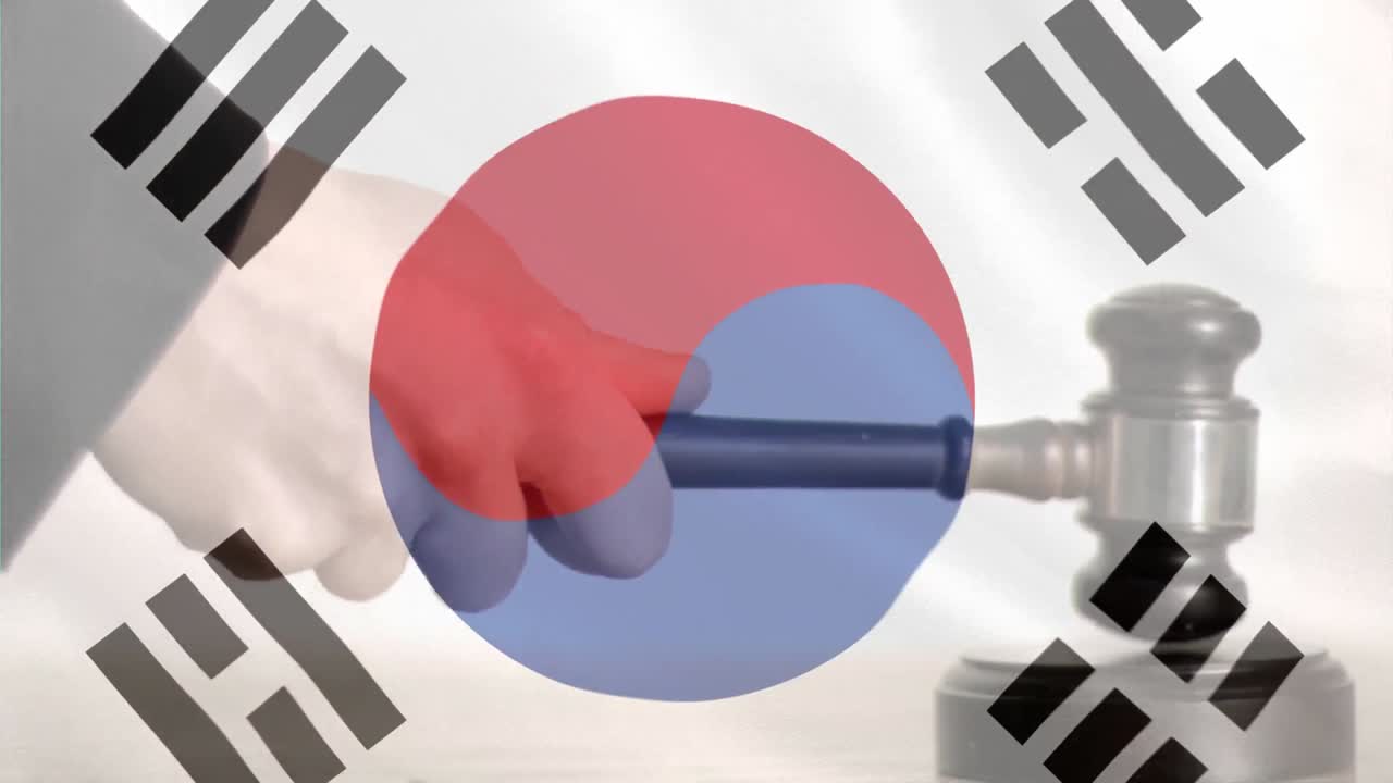 Digitally animation of South Korea Flag and gavel 4k